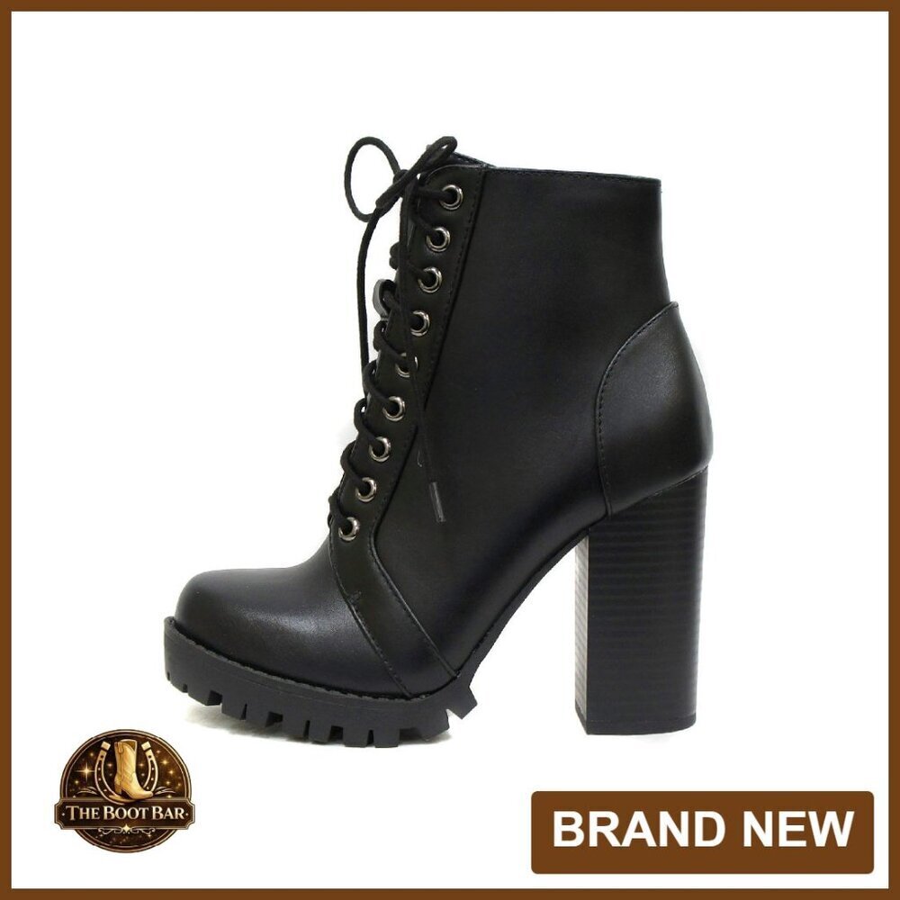 Combat Boots Lace Up Ankle Boots 4 Inch Heel Side Zipper